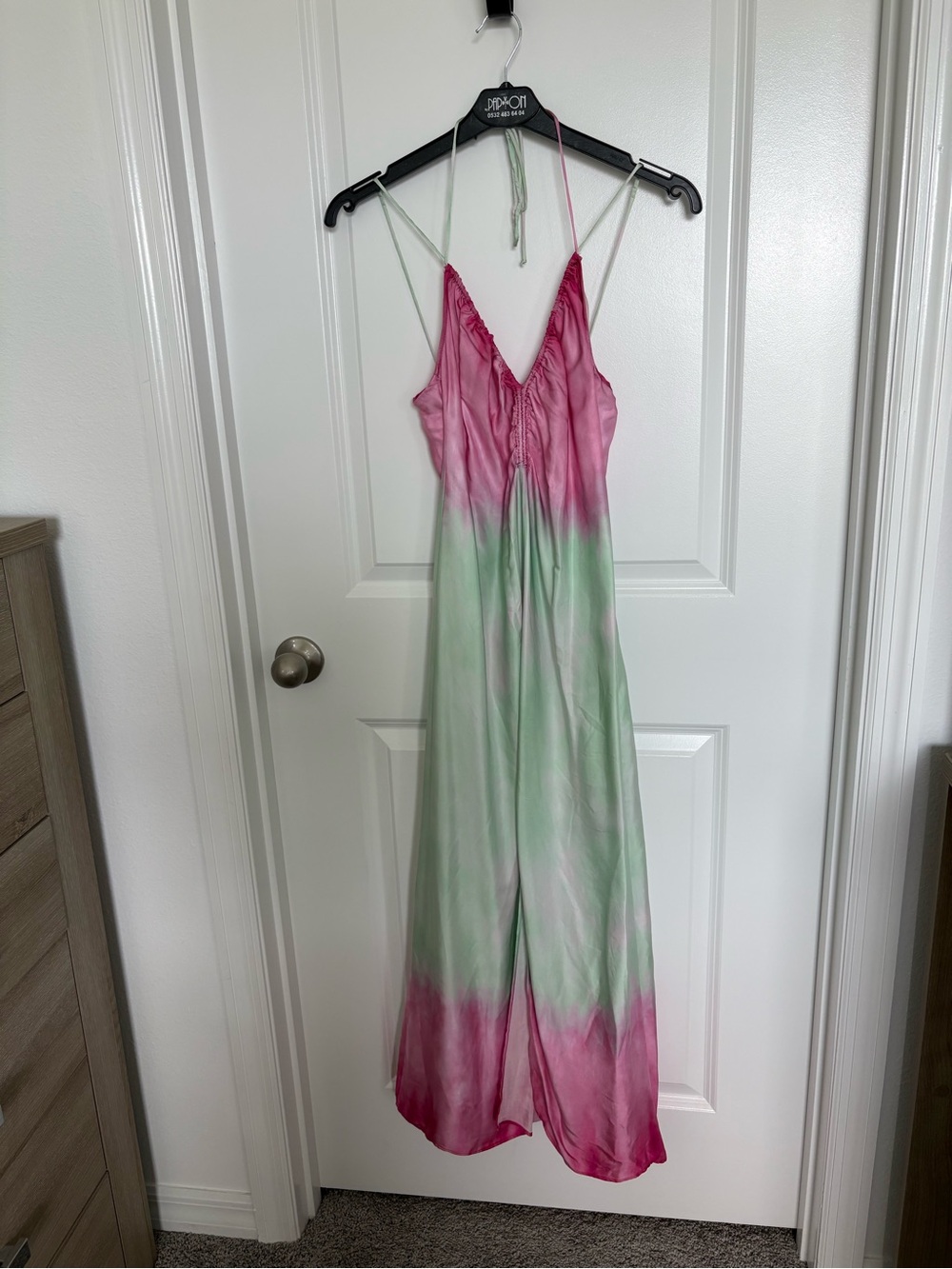 Zara Pink & Green Satin Tie-Dye Maxi Slip Dress
